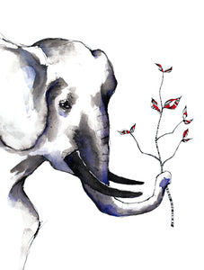 Affiche d'art représentant une tête d'éléphant à l'encre bleue violette